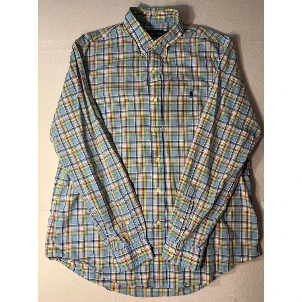 Ralph Lauren Mens Large Pastel Plaid Button Down Shirt Blue Yellow Pink Check L